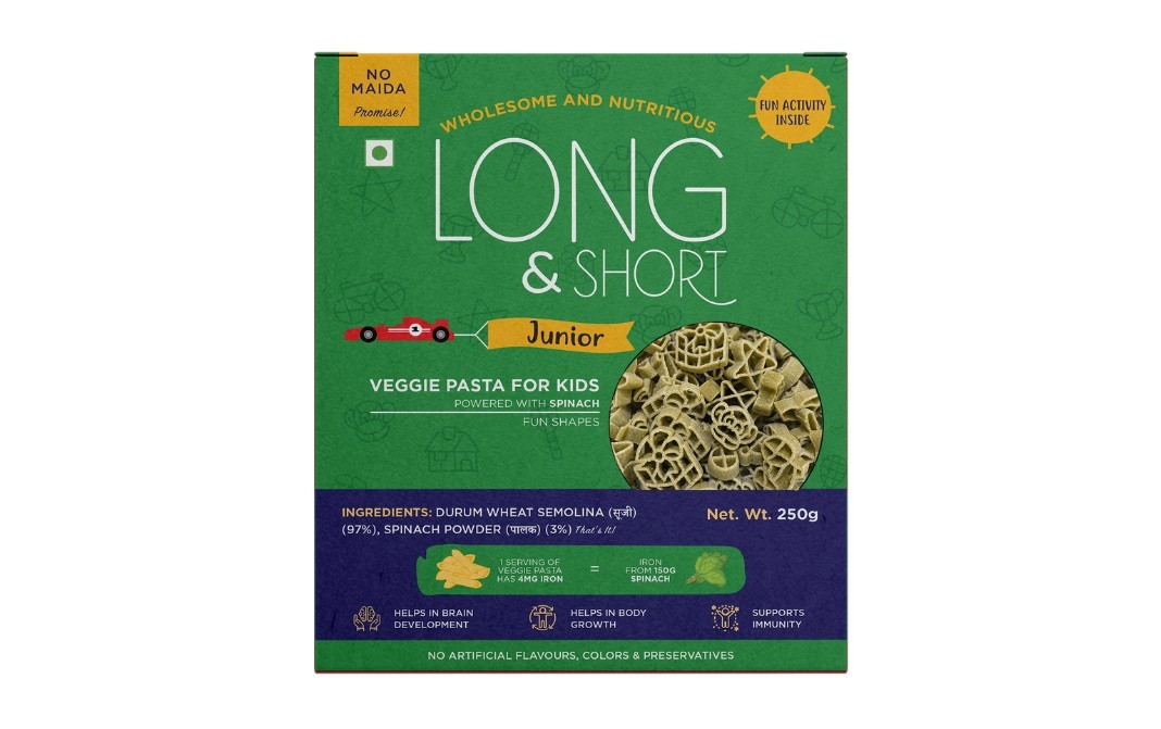 Long & Short Junior Veggie Pasta For Kids Powered With Spinach   Box  250 grams